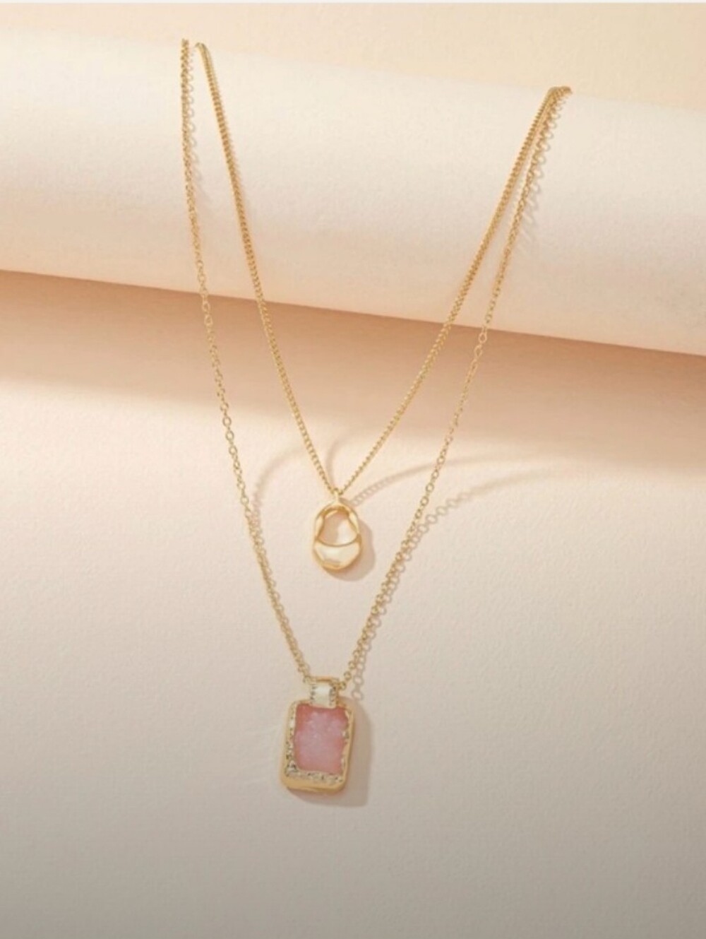 Layered Chain & Stone Necklace(Gold/Pink 🩷)